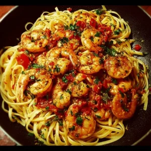 Delicious Chilli Garlic Prawn Pasta with herbs and spices