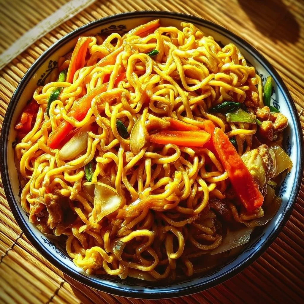 Delicious plate of Chow Mein with fresh vegetables and savory sauce.