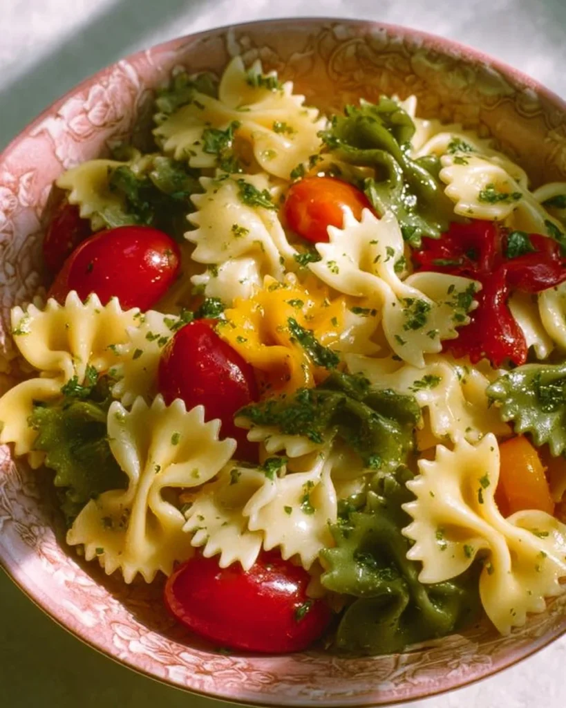 Colorful bow tie pasta salad with fresh vegetables and dressing
