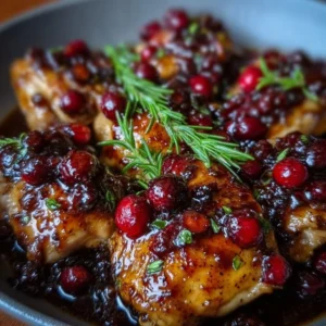 Cranberry Balsamic Chicken Thighs garnished with fresh herbs