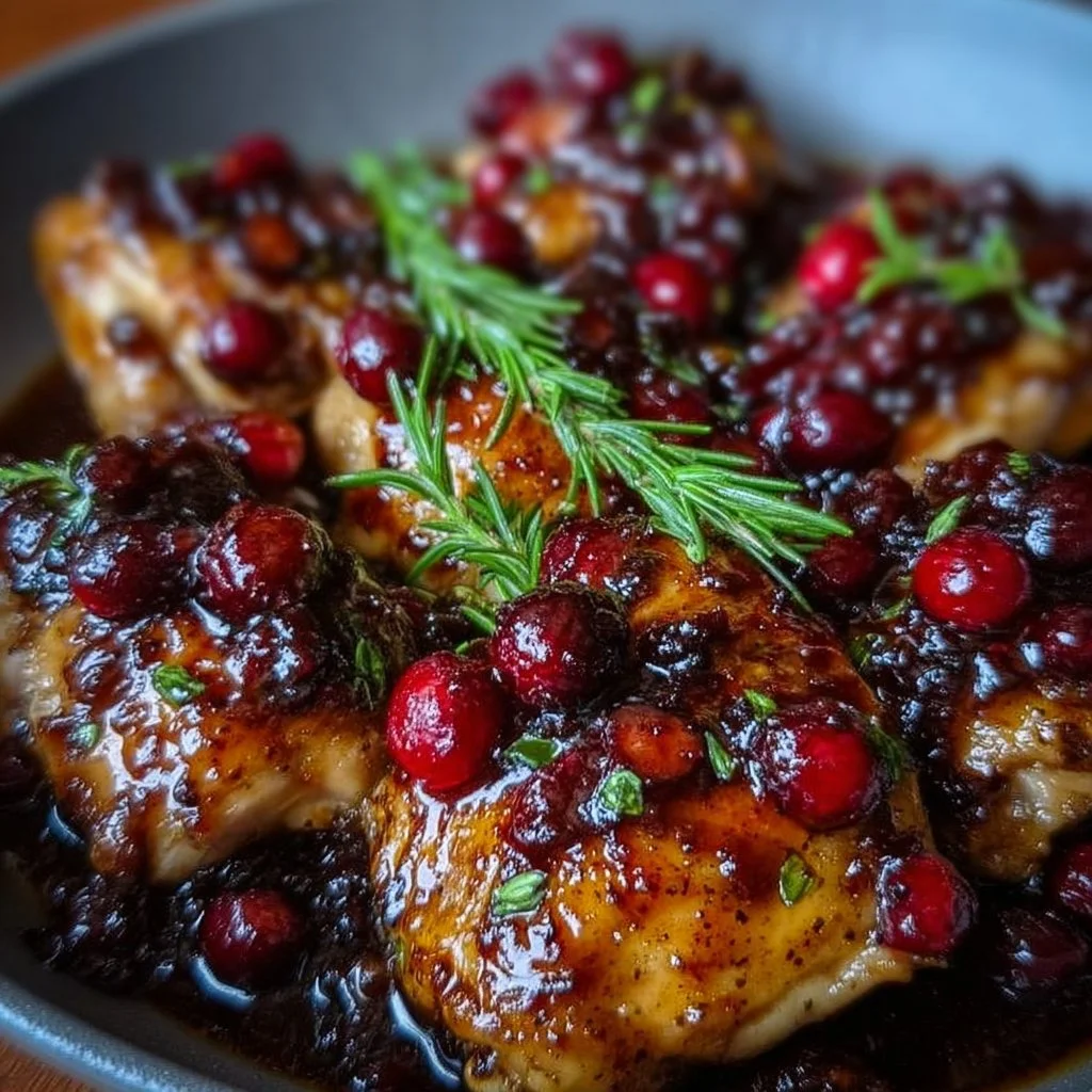 Cranberry Balsamic Chicken Thighs garnished with fresh herbs
