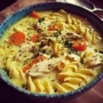 Bowl of creamy chicken noodle soup with fresh herbs and vegetables