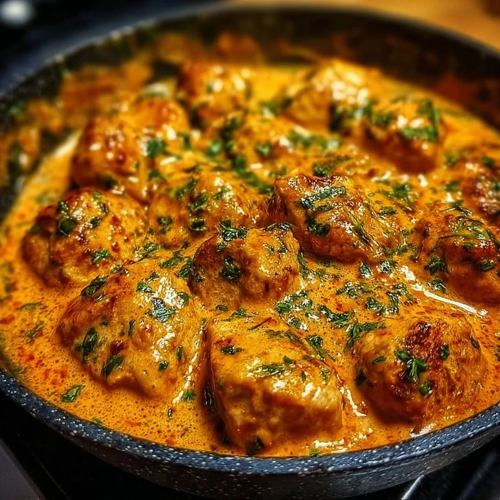 Delicious creamy Cowboy Butter Chicken served with rice and herbs