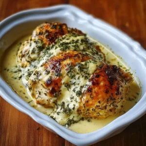 Creamy herb-baked chicken served on a plate with fresh herbs and spices