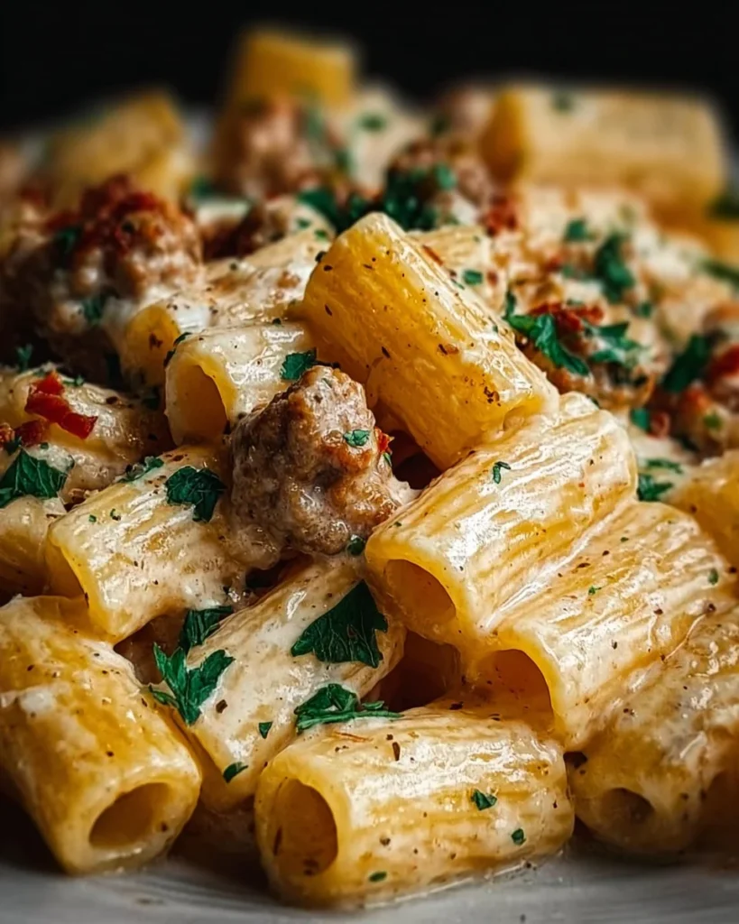 Creamy Italian Sausage Rigatoni served in a bowl, garnished with parsley