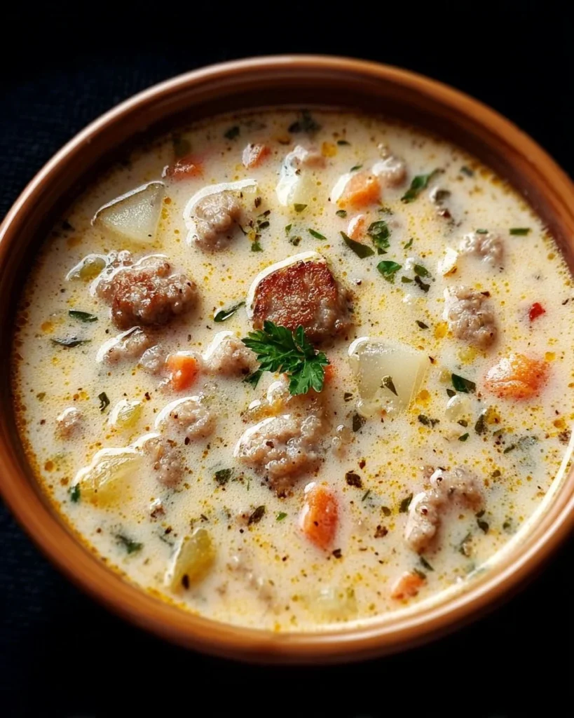 Bowl of creamy Italian sausage soup garnished with herbs and vegetables
