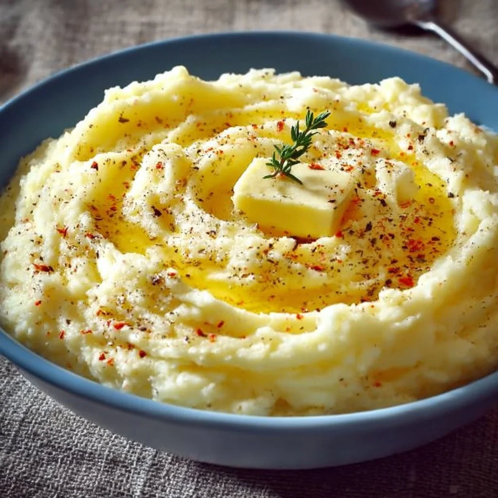 Bowl of creamy mashed potatoes with butter and herbs on top