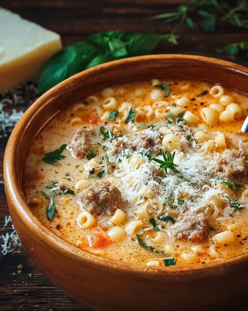 Creamy Parmesan Italian sausage ditalini soup bowl garnished with herbs