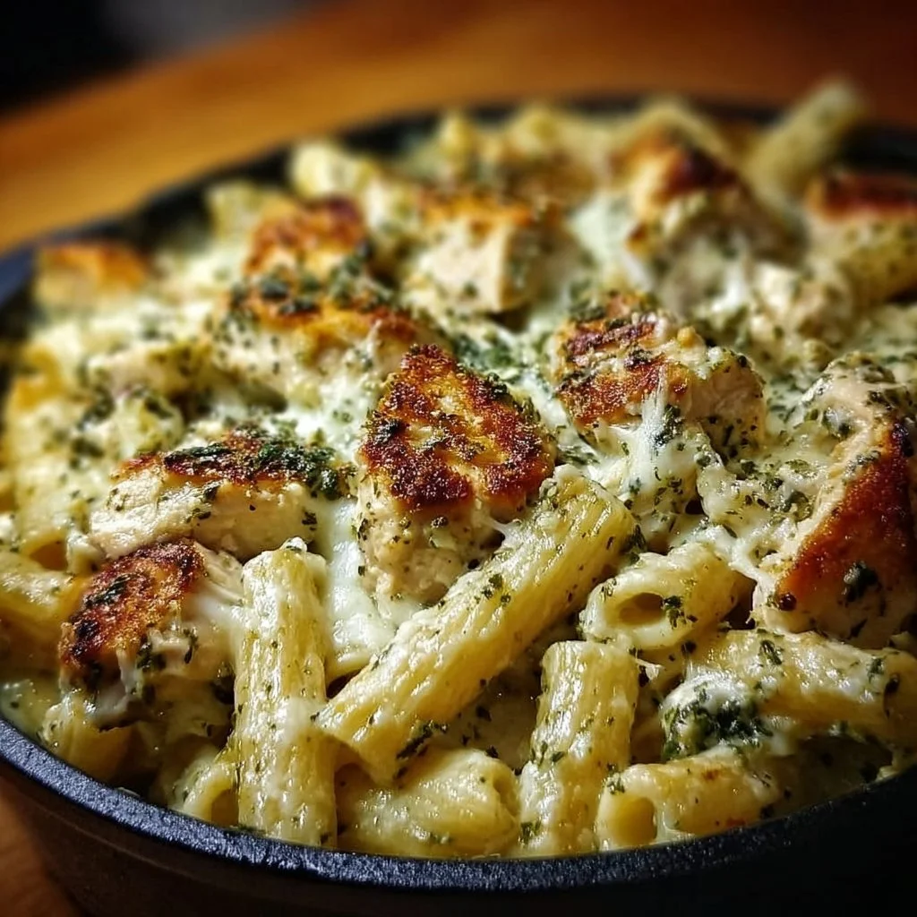 Creamy pesto chicken pasta bake with fresh ingredients and cheese melted on top.