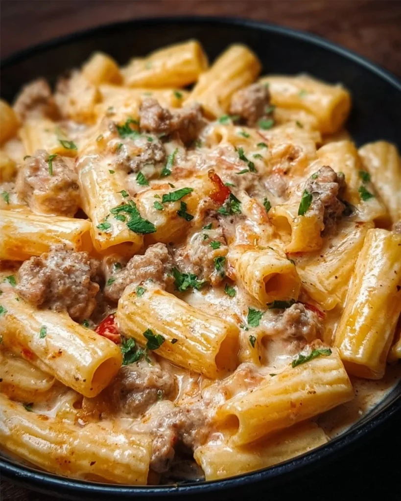 A delicious bowl of creamy sausage rigatoni pasta topped with herbs.