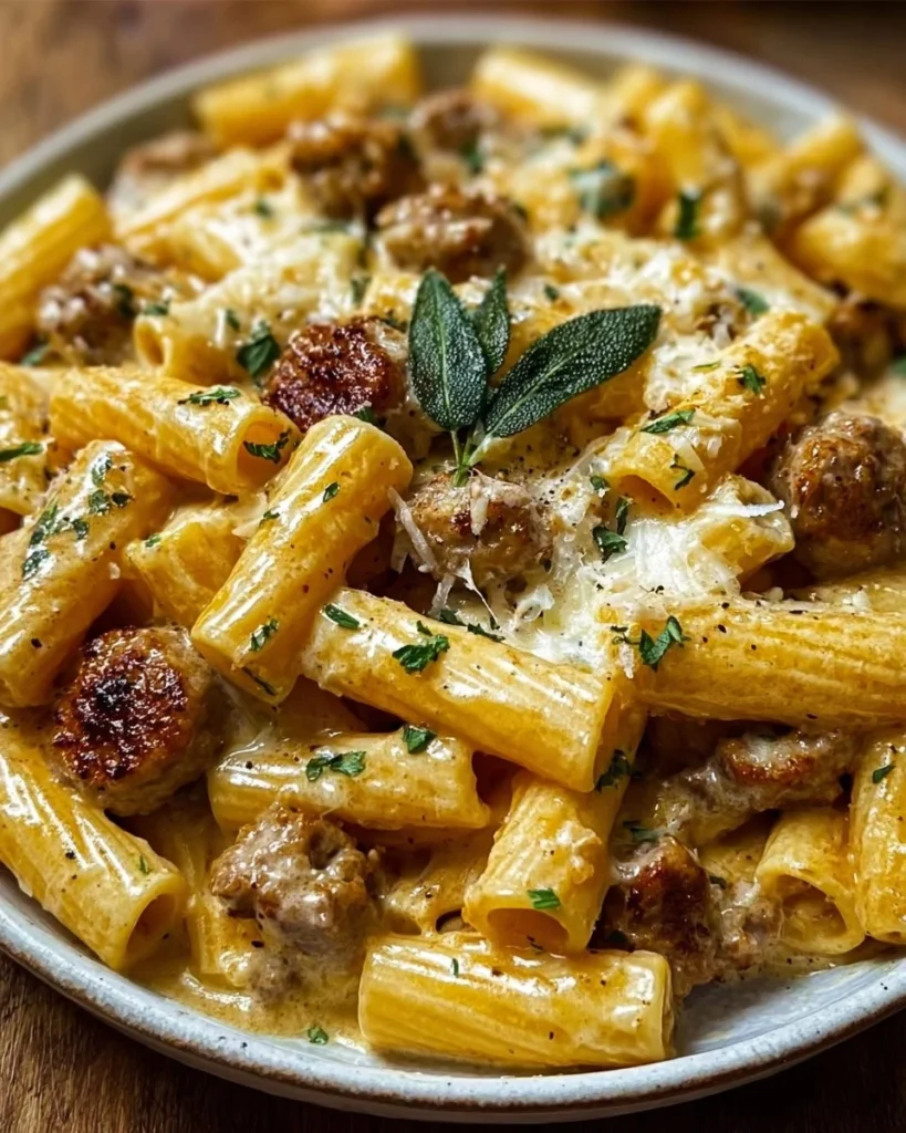 Bowl of creamy sausage rigatoni pasta garnished with herbs.