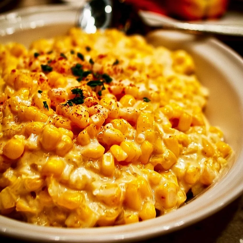 Creamy Thanksgiving corn dish served in a bowl for festive holiday meal.