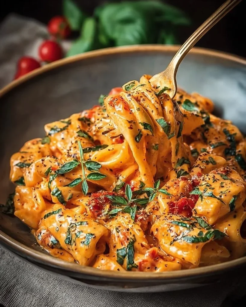 Creamy tomato garlic pasta served in a bowl with fresh herbs