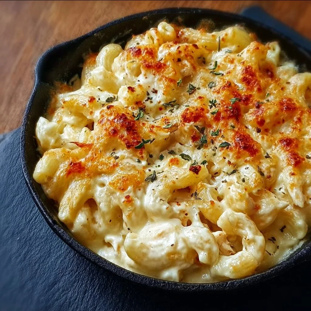 Creamy white cheddar mac and cheese dish topped with golden breadcrumbs