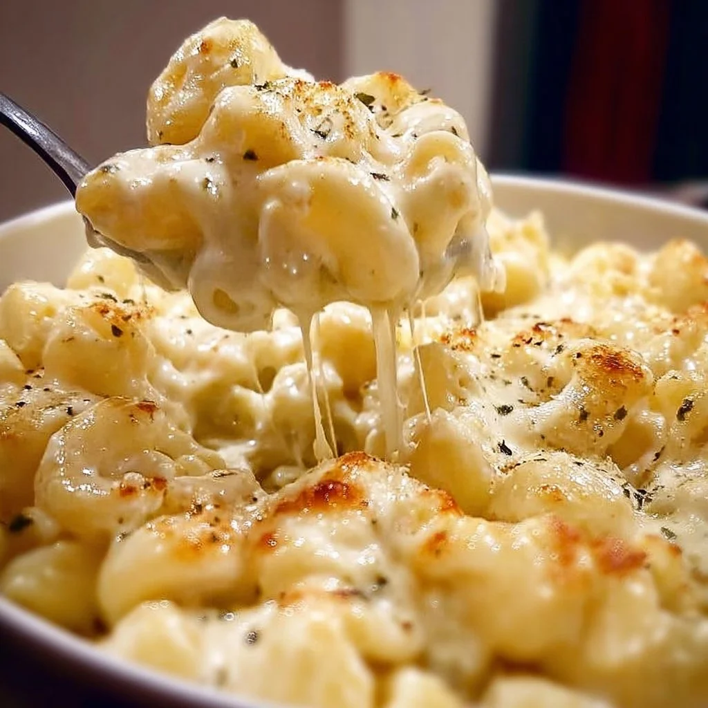 Creamy white cheddar mac and cheese served in a bowl with a golden crust.
