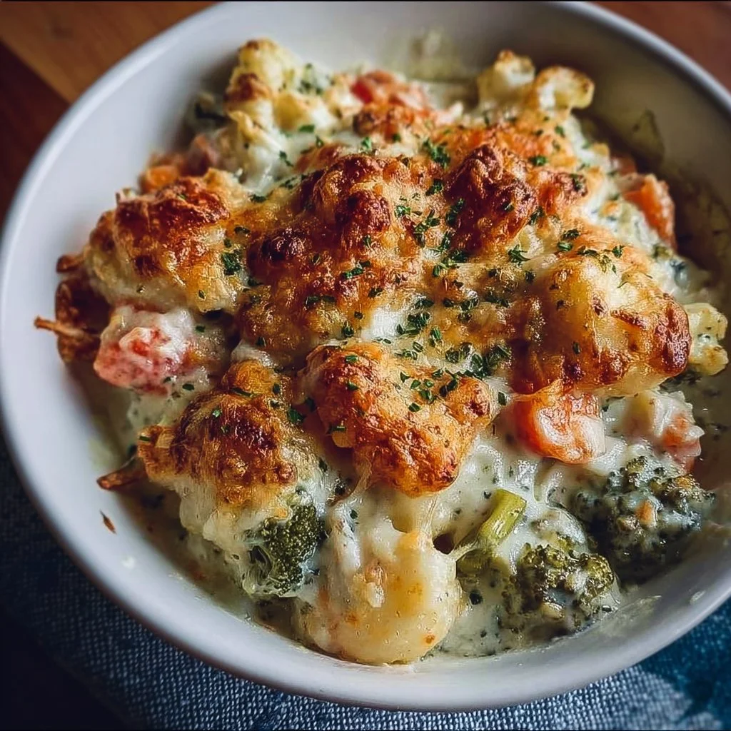 Creamy winter vegetable casserole baked in a dish with colorful veggies