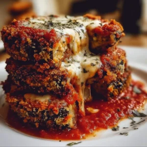 Crispy baked eggplant parmesan dish garnished with herbs and served hot