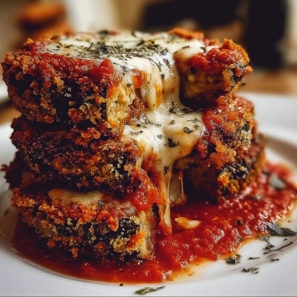Crispy baked eggplant parmesan dish garnished with herbs and served hot