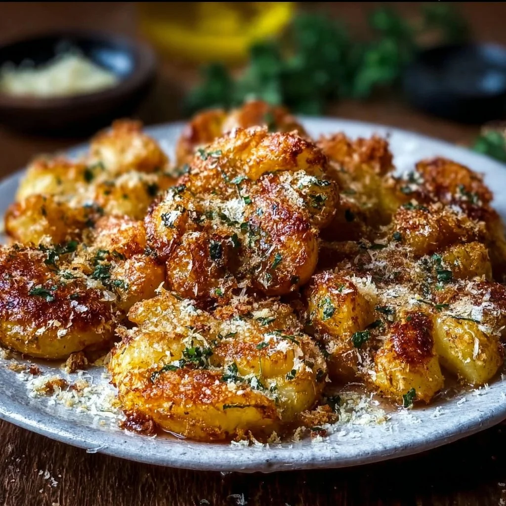 Crispy garlic butter parmesan smashed potatoes served on a plate.