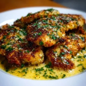 Crispy Italian Chicken Christopher garnished with garlic butter sauce on a plate.