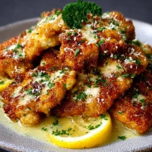 Plate of crispy lemon chicken romano garnished with parsley and lemon slices.