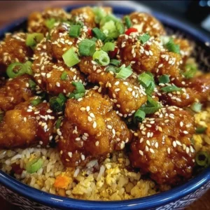 Crispy sesame chicken served with colorful fried rice on a plate