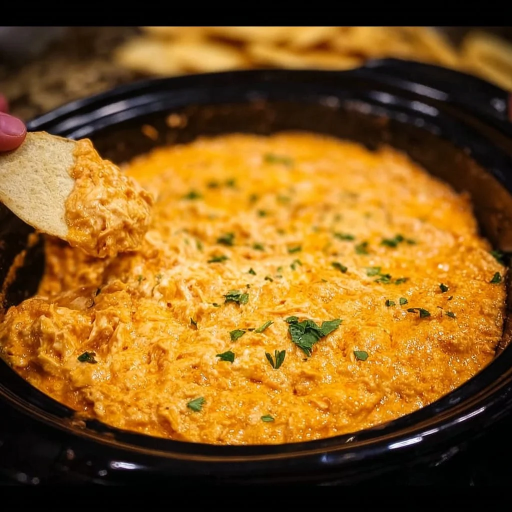 Crockpot Buffalo Chicken Dip in a serving bowl, garnished and ready to enjoy.