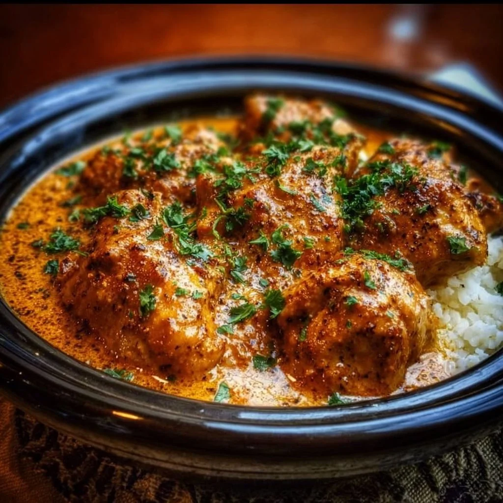 Crockpot Cajun Butter Chicken with spices and herbs in a bowl