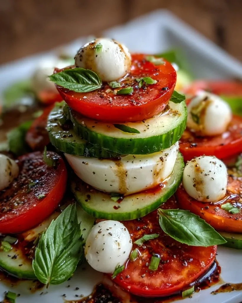 Cucumber Caprese Salad with fresh mozzarella, tomatoes, and basil on a plate