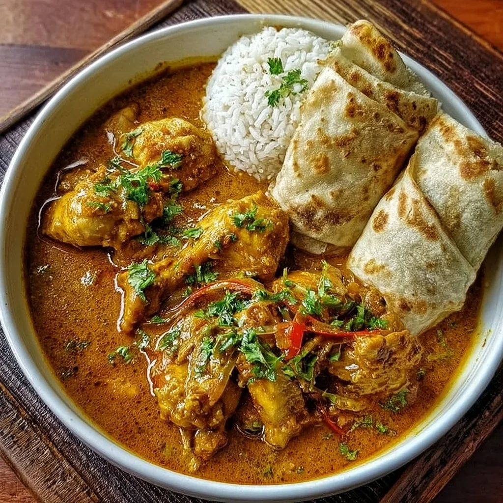 Delicious Curry Chicken Roti served on a plate with vibrant spices