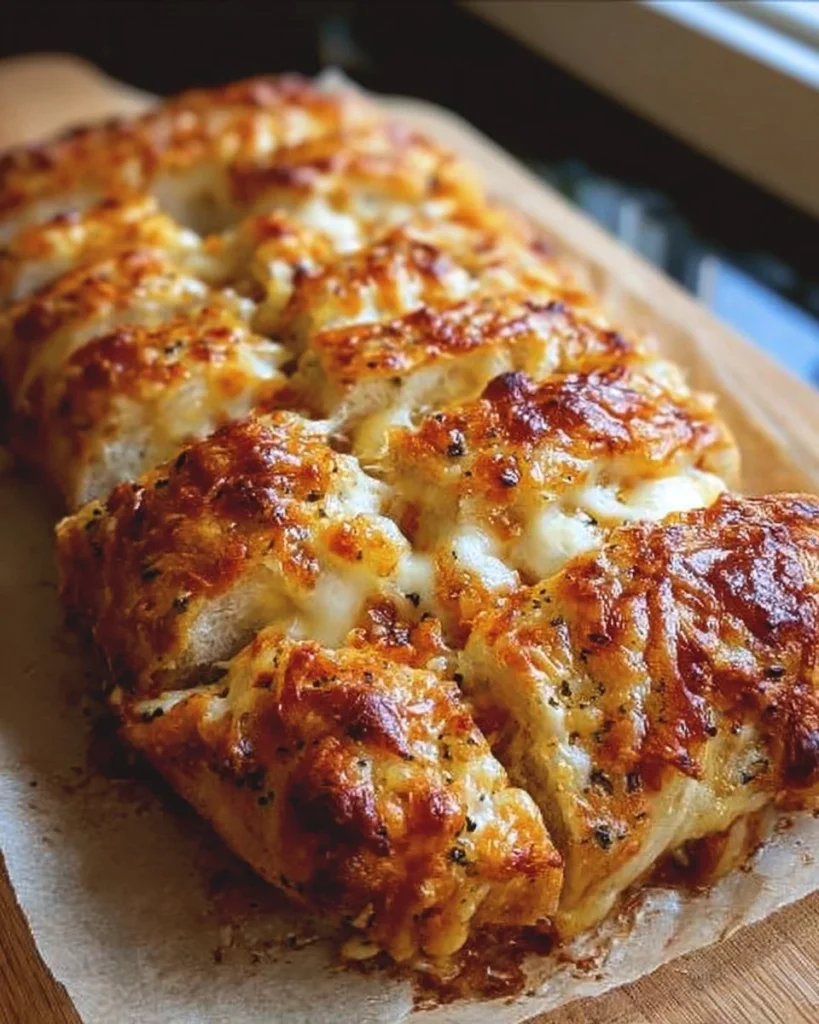 Homemade easy cheesy bread fresh out of the oven, golden and cheesy.