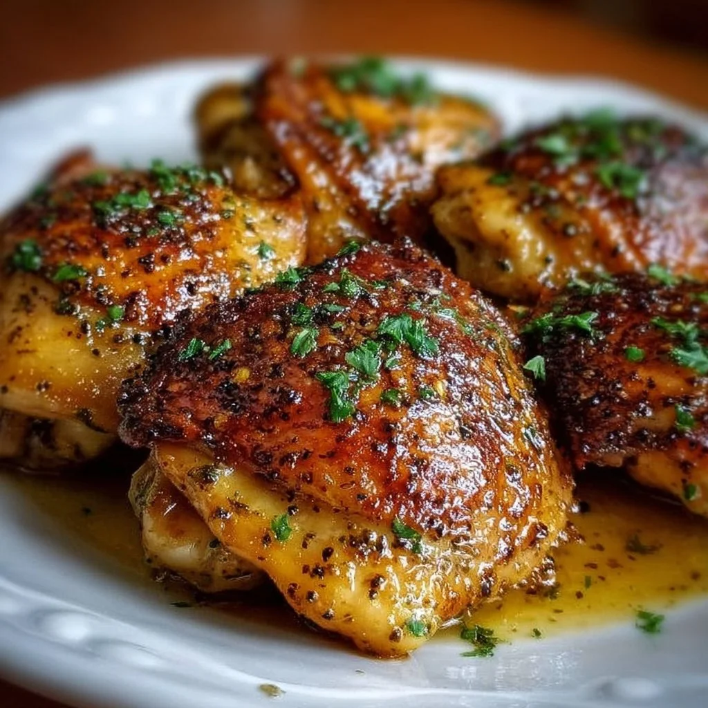 Delicious easy crock pot boneless chicken thighs served with herbs and spices.