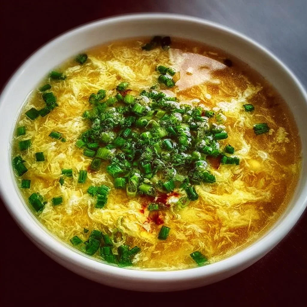 Bowl of homemade easy egg drop soup garnished with green onions.