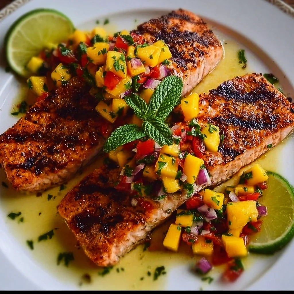 Grilled salmon fillet with vibrant mango salsa on a plate