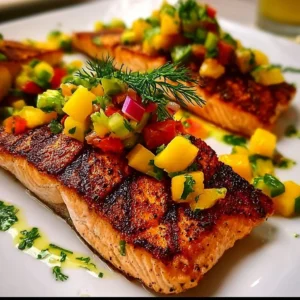 Easy grilled salmon topped with colorful mango salsa on a plate