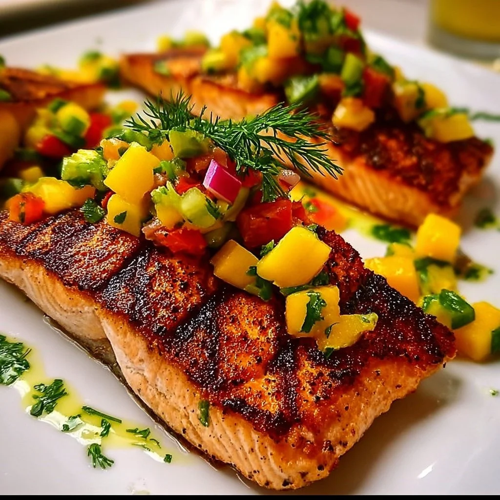 Easy grilled salmon topped with colorful mango salsa on a plate