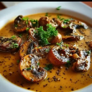 Bowl of easy mushroom gravy served over mashed potatoes