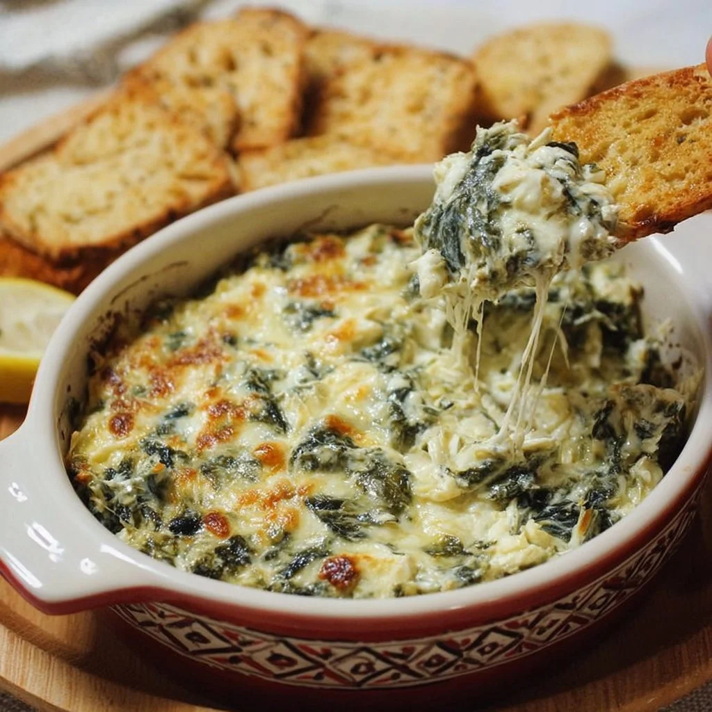 Delicious easy spinach artichoke dip served in a bowl with tortilla chips