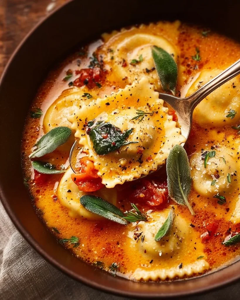 Bowl of hearty Easy Tuscan Ravioli Soup topped with fresh herbs and Parmesan cheese.