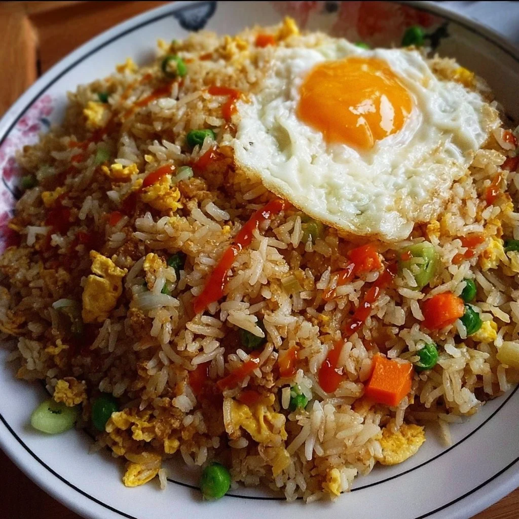 Delicious plate of homemade Egg Fried Rice with colorful vegetables