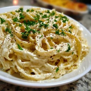 Creamy Fettuccine Alfredo served with parsley garnish in a bowl.
