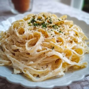 Plate of creamy Fettuccine Alfredo topped with parsley and Parmesan cheese