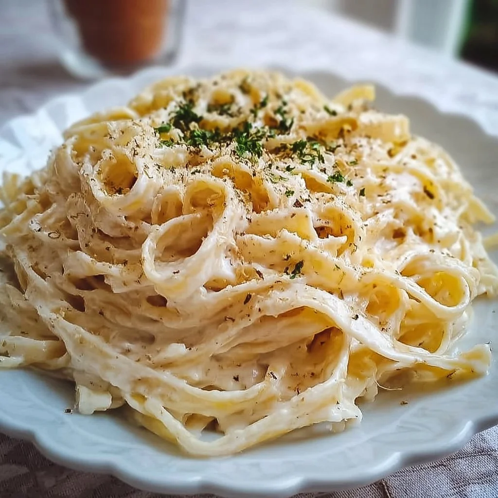 Plate of creamy Fettuccine Alfredo topped with parsley and Parmesan cheese
