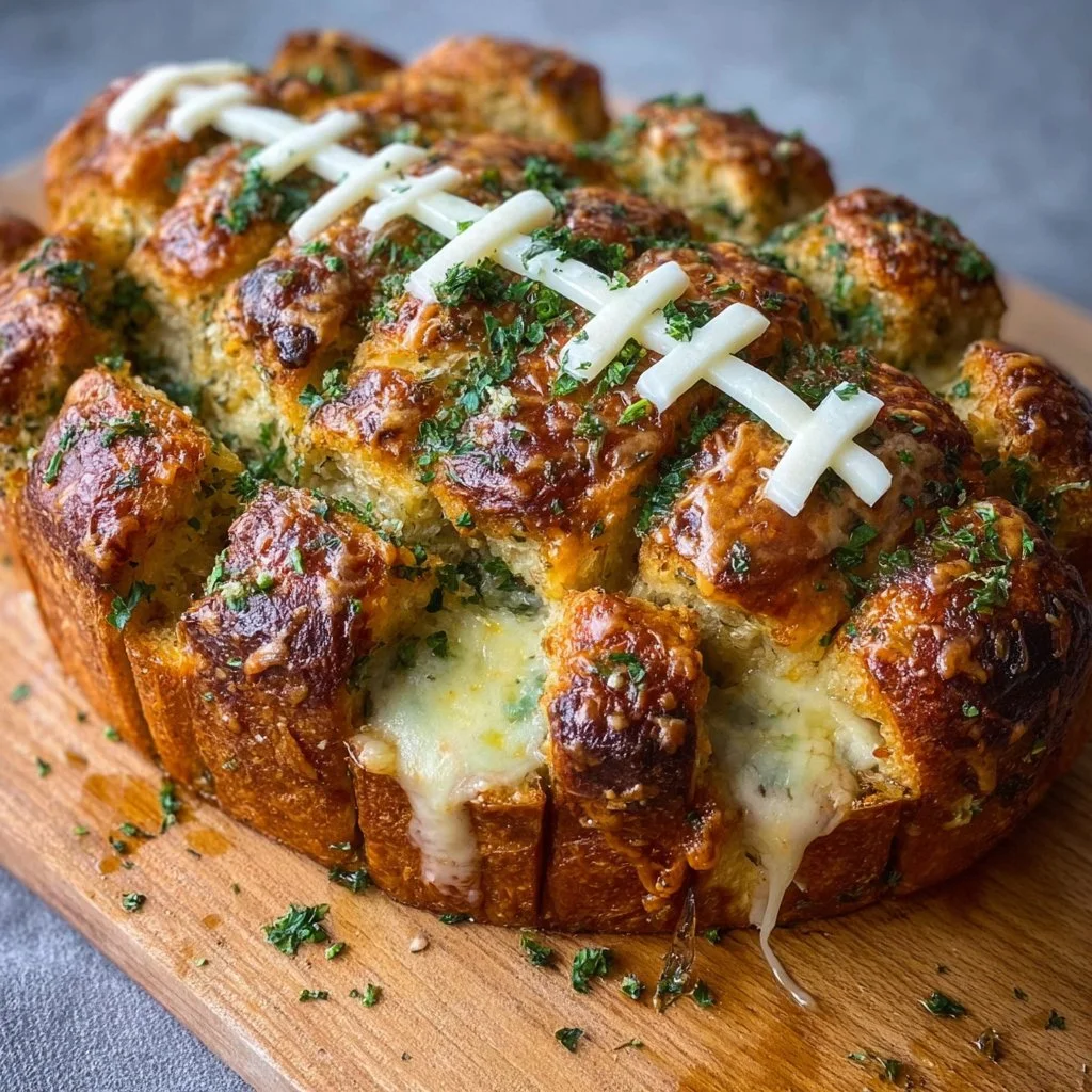 Football-shaped cheesy stuffed garlic pull-apart bread ready to serve
