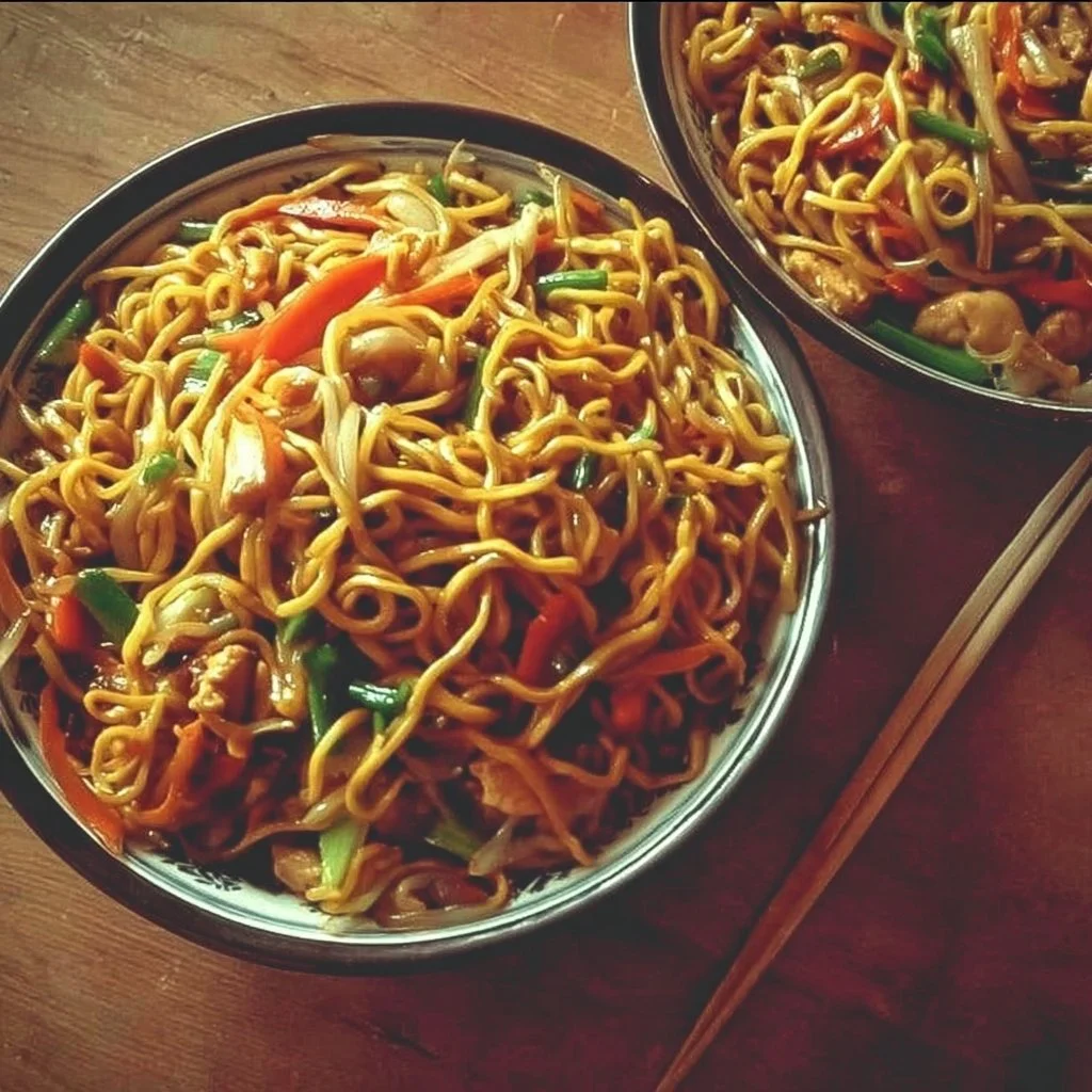 A plate of savory fried noodles topped with vegetables and sauce