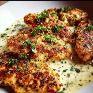 Delicious Garlic Parmesan Chicken garnished with herbs on a plate.