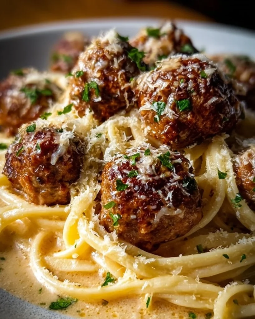 Delicious Garlic Butter Meatballs served with Parmesan Linguine on a plate