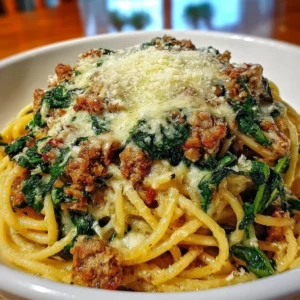 Delicious garlic butter spaghetti with Italian sausage and spinach