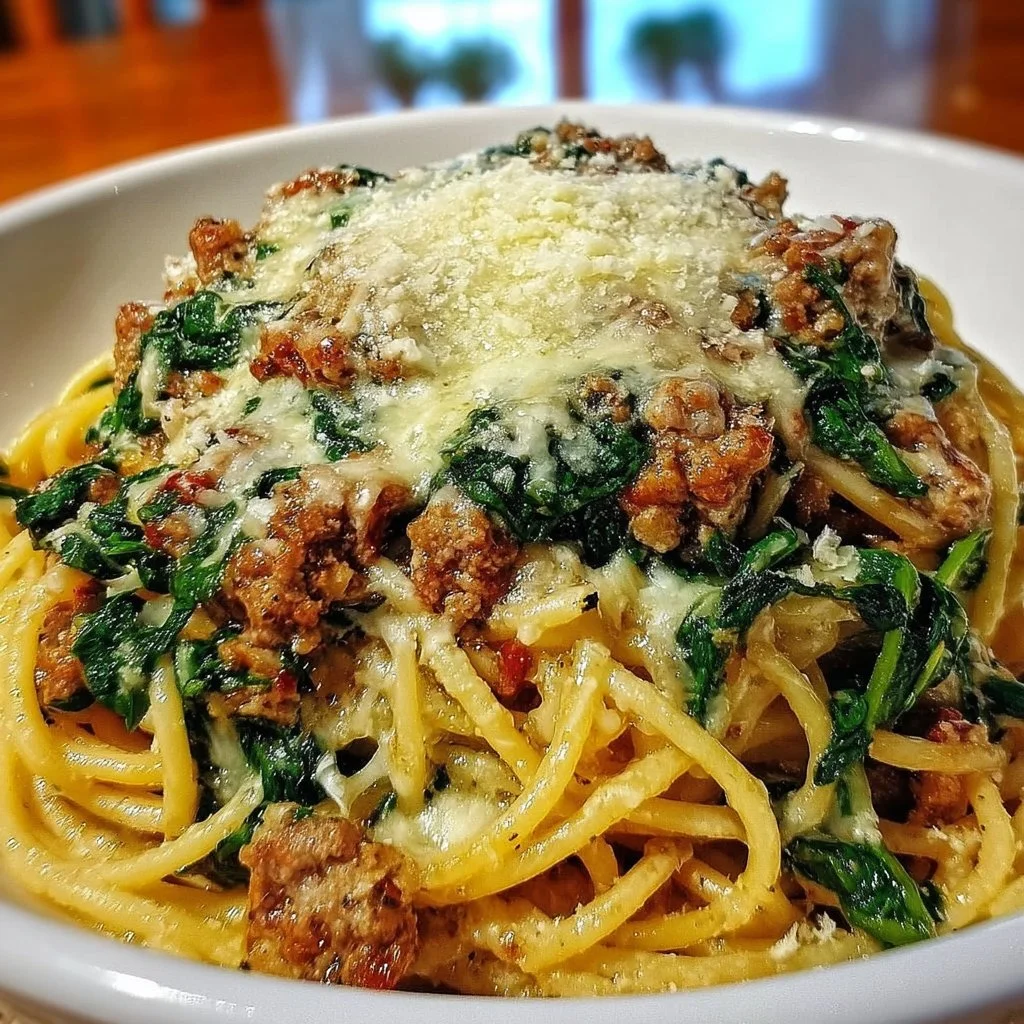 Delicious garlic butter spaghetti with Italian sausage and spinach