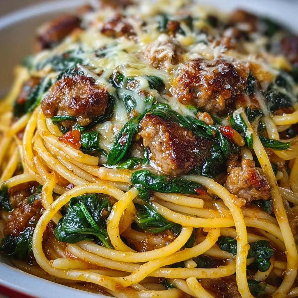Garlic Butter Spaghetti with Cheesy Italian Sausage and Spinach